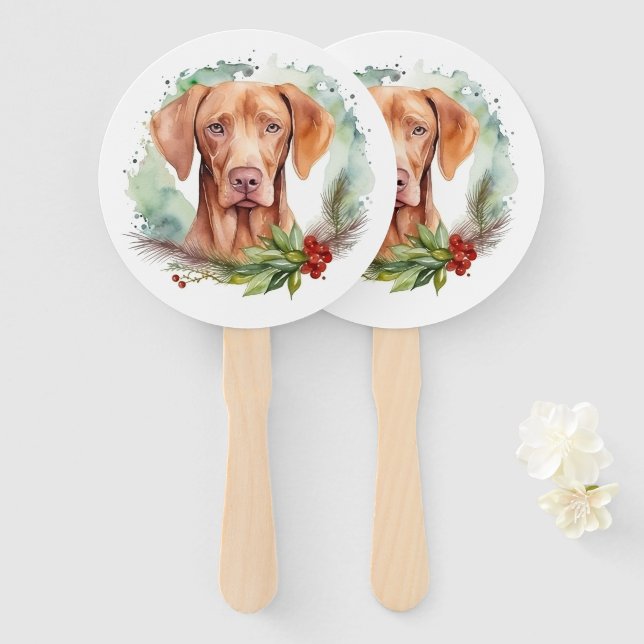 Leque Vizsla Christmas Wreath Festivo Pup (Frente e Verso)