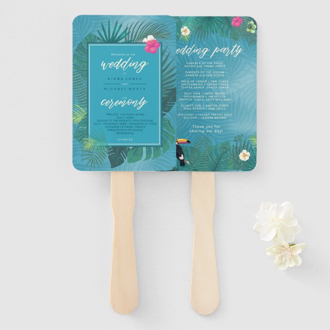Leque Watercolor Tropical Festa de casamento Teal ID577 (Frente e Verso)