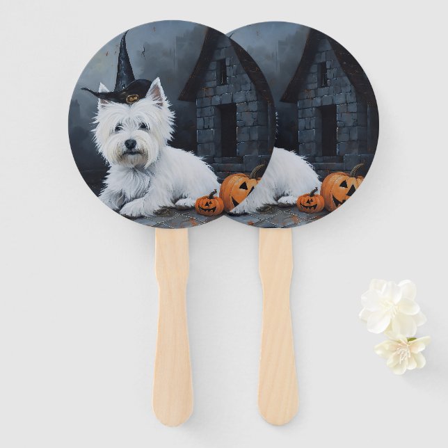 Leque West Highland White Terrier Pumpkin Halloween (Frente e Verso)