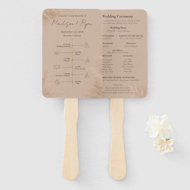 Leque Whispering Pampas Wedding Program Fan (Frente e Verso)