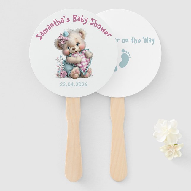 Leques de Mão Urso de Pelúcia Chás de Bebê (Frente e Verso)