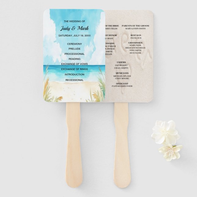 Leques de Programa de Casamento de Praia Oceano Az (Frente e Verso)