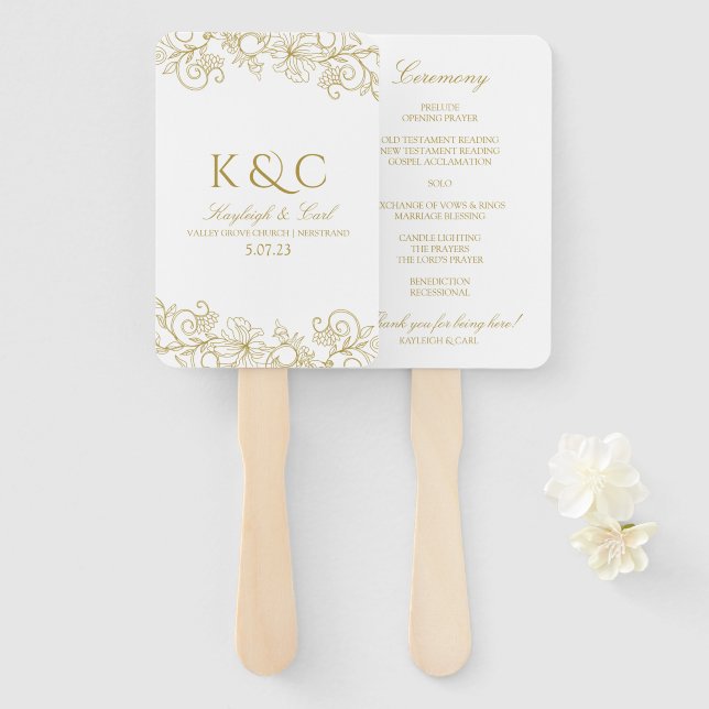 Leques de Programa de Casamento em Renda Elegante  (Frente e Verso)