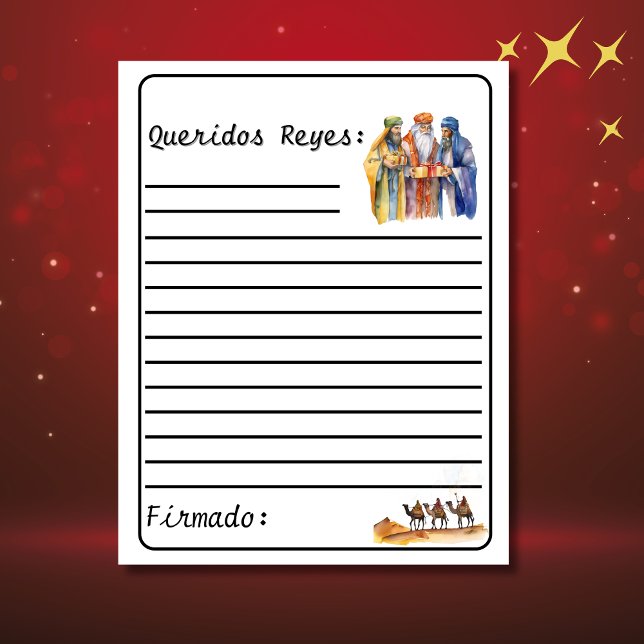 Letra branca espanhola aos sábios - Los Reyes (Carta a los reyes, customizable & personalized. white letter with lines. Con Jesús en el camino)