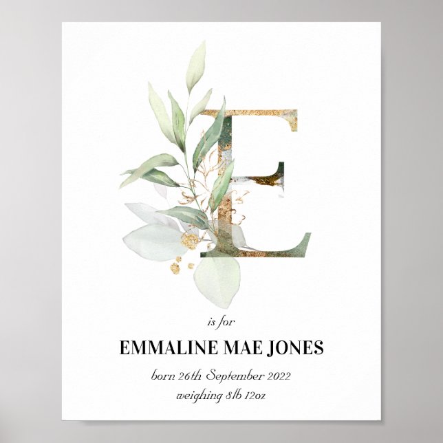 Letra E Novo Bebê Monograma Impressão Greenery (Frente)