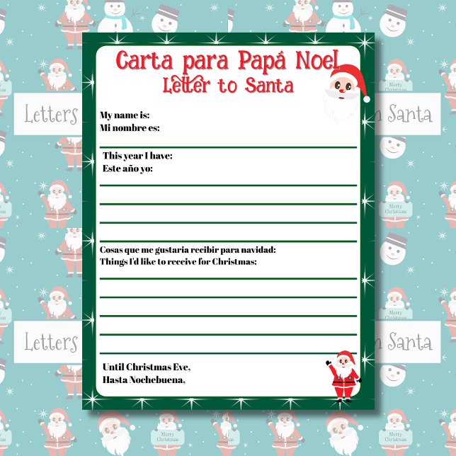 Letra editável verde bilíngue para Papais noeis es (Bilingual letter to Santa, editable text & child's name. Customizable. Multilingual Projet)