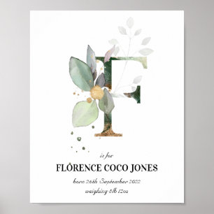 Letra F Novo Bebê Monograma Impressão Greenery