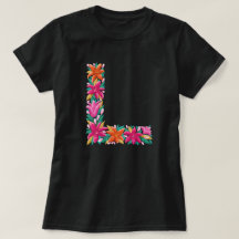 Letra floral L camiseta básica da mulher