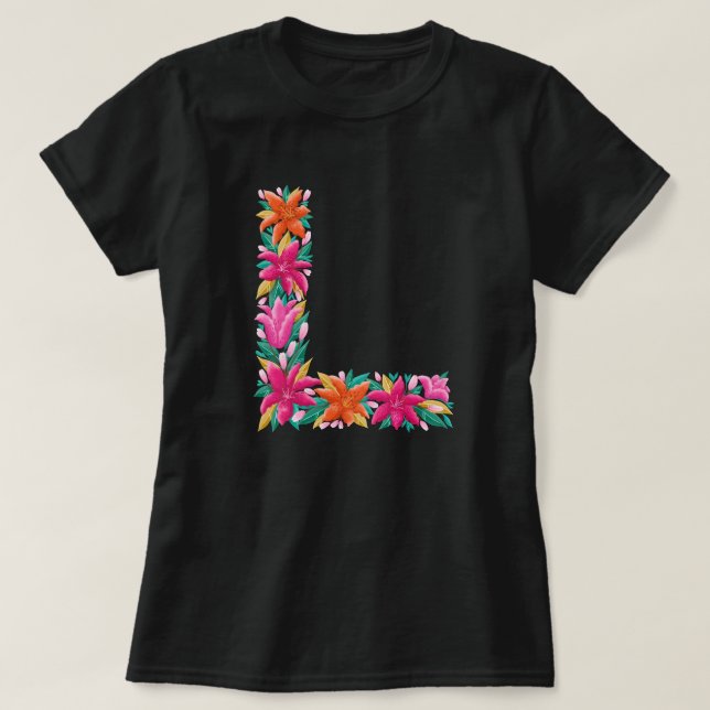 Letra floral L camiseta básica da mulher (Frente do Design)