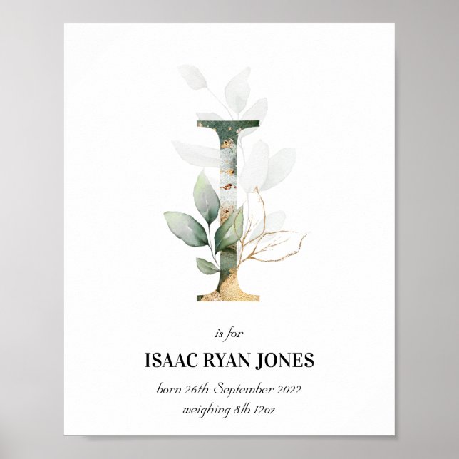 Letra I Novo Bebê Monograma Impressão Greenery (Frente)