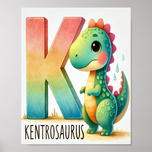 Letra K, Dinossauro, Alfabeto Watercolor Poster (Frente)