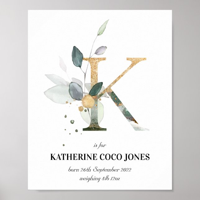 Letra K Novo Bebê Monograma Impressão Greenery (Frente)