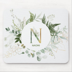 Letra N Verde Fern & Eucalyptus Wreath Mouse Pad
