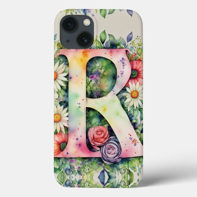 Letra Personalizada R Aquarela Floral Elegante (Verso)