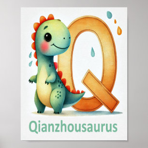 Letra Q, Dinossauro Alphabet Watercolor Poster