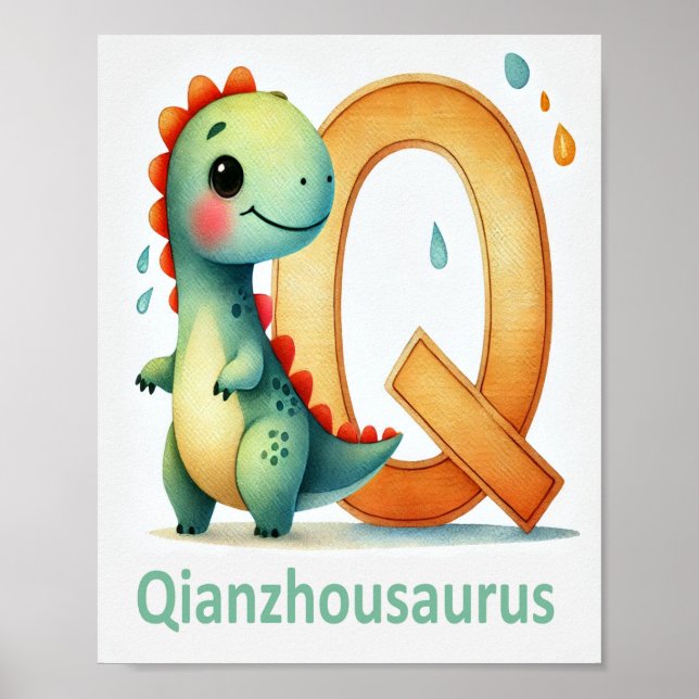 Letra Q, Dinossauro Alphabet Watercolor Poster (Frente)