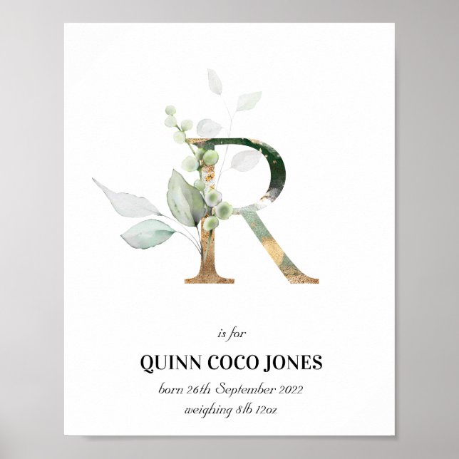 Letra R Novo Bebê Monograma Impressão Greenery (Frente)
