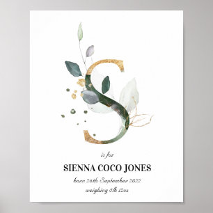 Letra S Novo Bebê Monograma Impressão Greenery