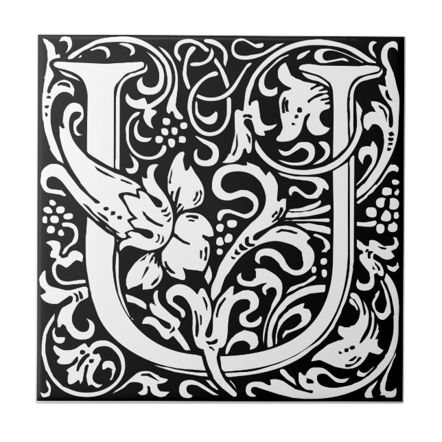Letra U art nouveau Azulejo preto e branco (Frente)