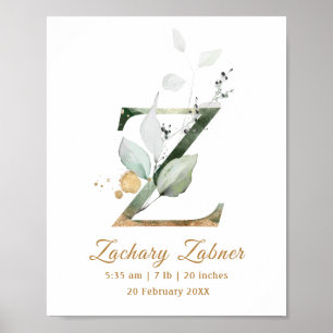 Letra Z verde e dourada folhagem Bebê Poster