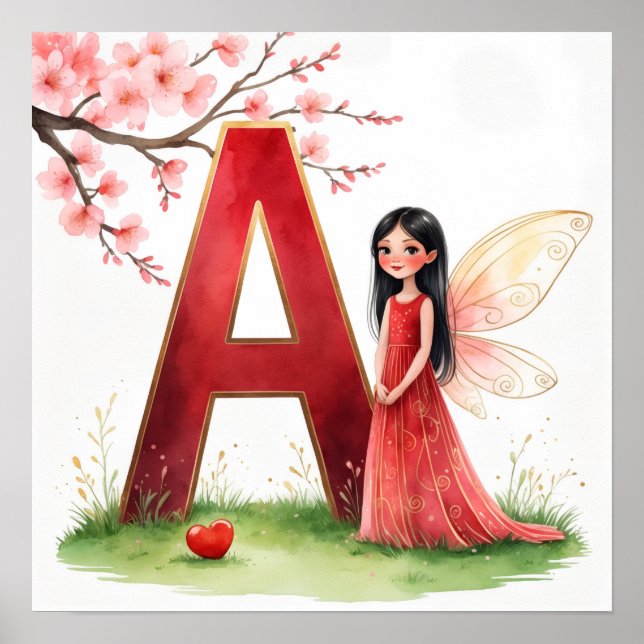 Letter A Fairy Nursery Poster - Cherry Blossoms (Frente)
