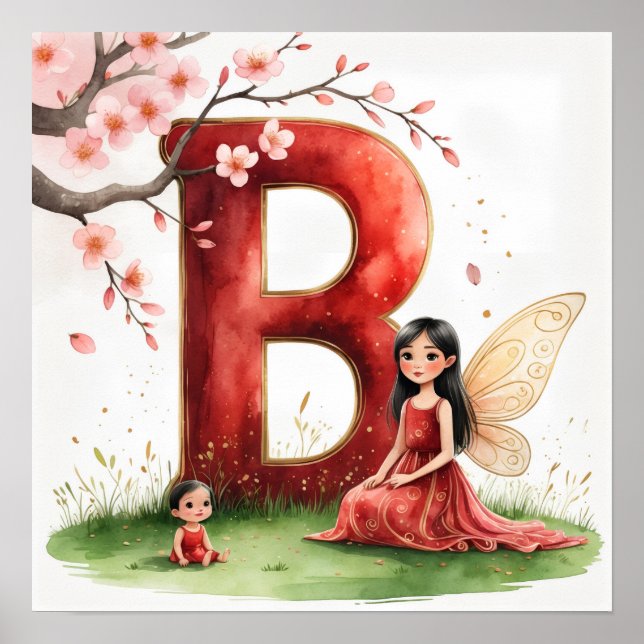 Letter B Fairy Art Poster - Cherry Blossoms (Frente)