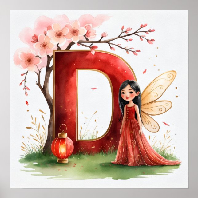  Letter D Chinese Lantern Fairy Poster Nursery Art (Frente)