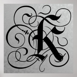 Letter K, Gothic Monogram Black Poster