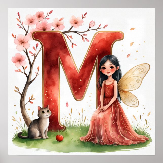 Letter M Cat Fairy Poster Feline Pet Alphabet Art (Frente)