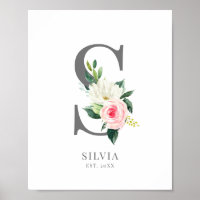 Letter S Monogram Watercolor Florals Poster