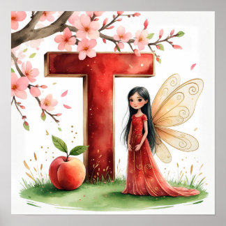 Letter T Peach Fairy Poster Chinese Alphabet Art