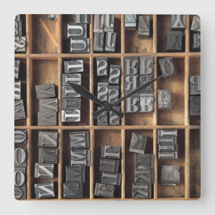 letterpress lead type em um relógio de caixa
