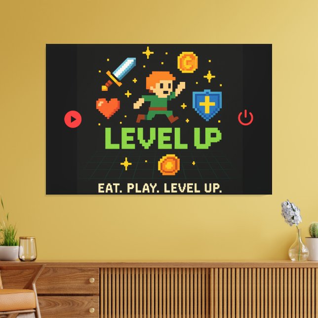 Level Up Gamer Canvas – Pixel Retro Wall Art (Insitu(Sala de estar))