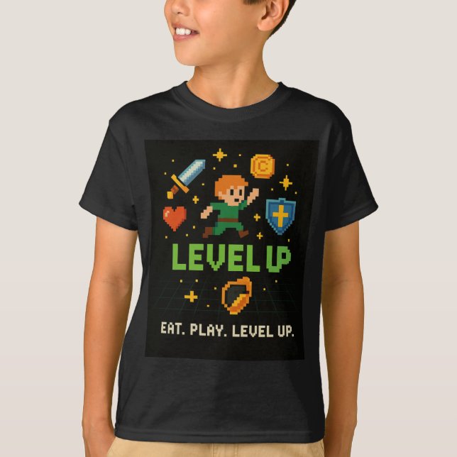Level Up Gamer Kids T-Shirt – Pixel Retro Style (Frente)