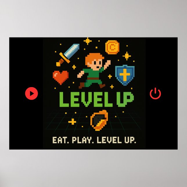 Level Up Gamer Poster – Pixel Retro 8-Bit Art (Frente)