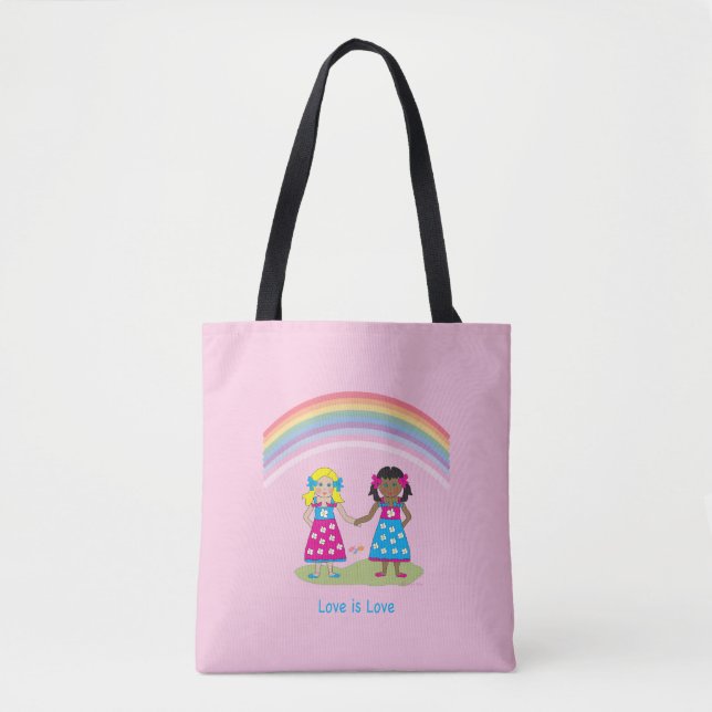 LGBTQIA LOVE é AMOR, Rainbow Flag Heart Tote Bag (Frente)