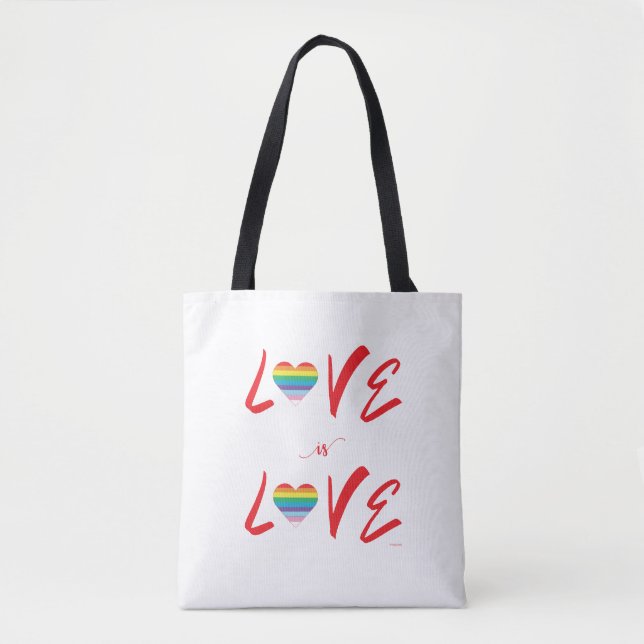 LGBTQIA LOVE é AMOR, Rainbow Flag Heart Tote Bag (Frente)