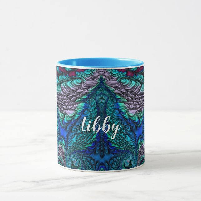 LIBBY ~ PEACOCK azul verde fractal ~ Caneca ~  (Centro)
