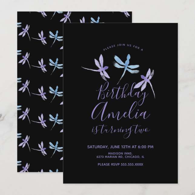 Libélula Aquarela Roxo Preto Festa de Aniversário (Frente/Verso)