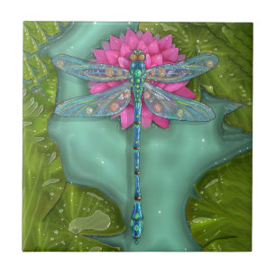libélula com azulejos de flores de lótus