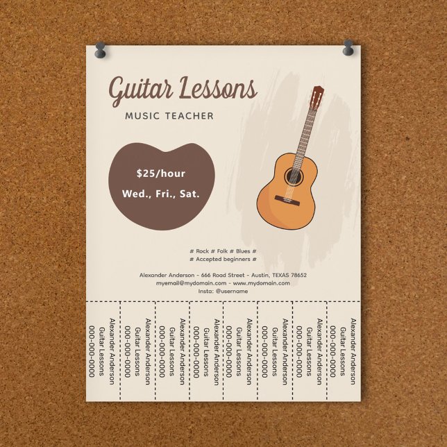Lições De Violão Rasgar Folhas Folheto (Guitar Lessons Tear Off Strips Flyer)