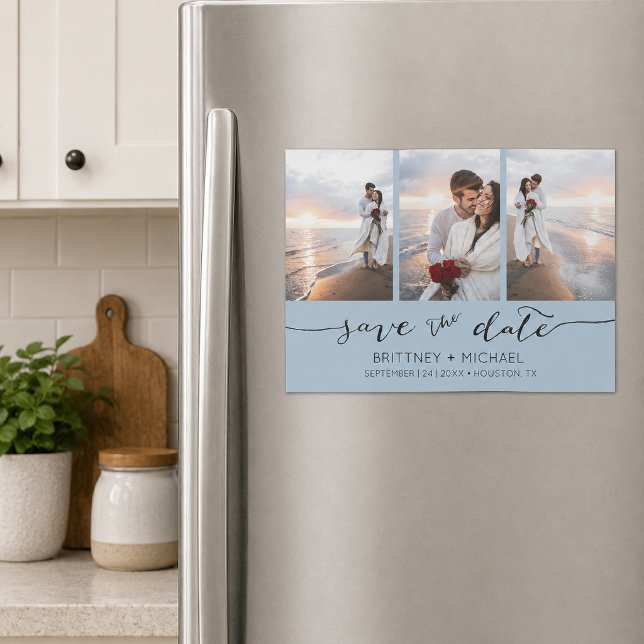 Light Blue Três Foto Salvar a Data (Soft light blue three photo collage save the date magnet featuring elegant handwritten script )