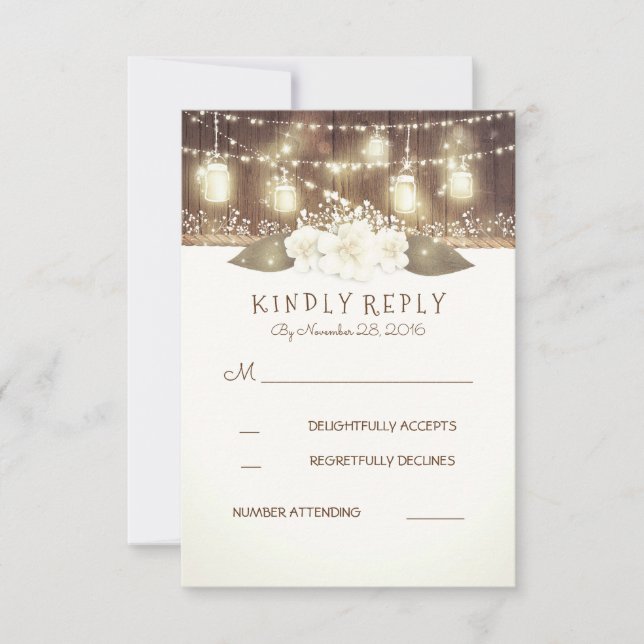 Lights Mason Jars Rustic Wood Barn Weding RSVP (Frente)