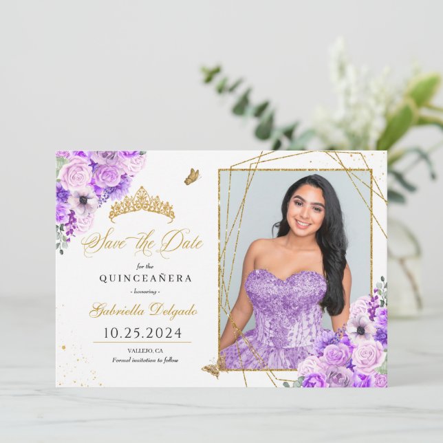 Lilac e Dourado Cartão com fotos Quinceañera Salve (Em pé/Frente)