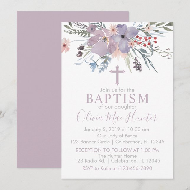 Lilac Flowers Girl Baptism Convite (Frente/Verso)
