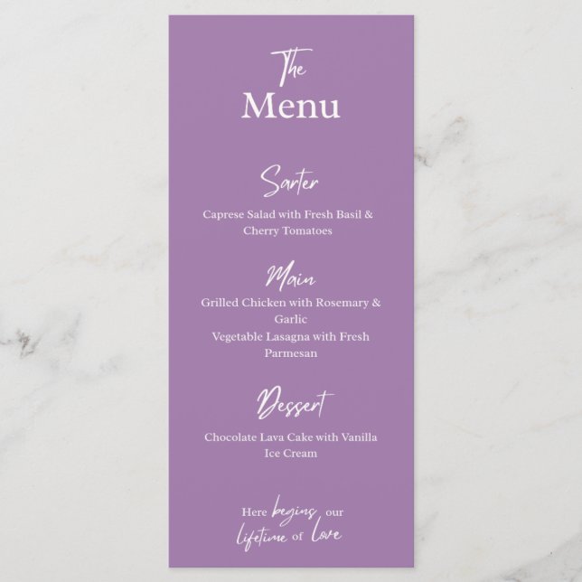 Lilac Lavender Wedding dinner Menu Card  (Frente)