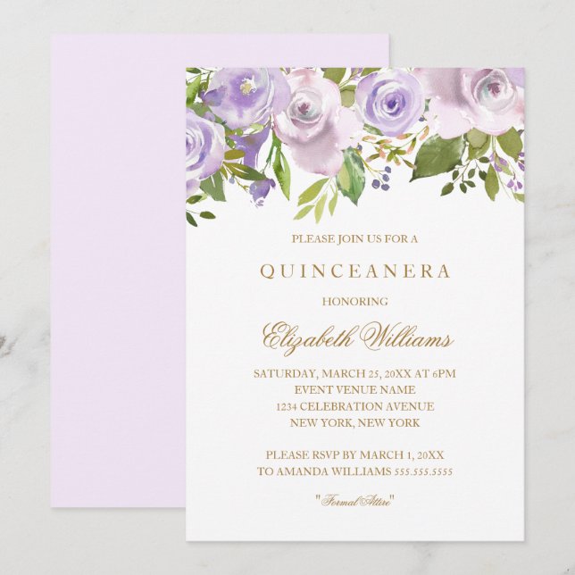 Lilac Purple Watercolor Quinceanera Floral Convite (Frente/Verso)
