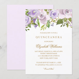 Lilac Purple Watercolor Quinceanera Floral Convite