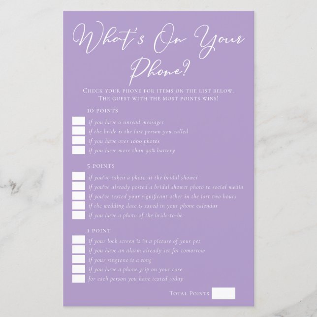 Lilac Purple What's On Your Phone Bridal Shower (Frente)
