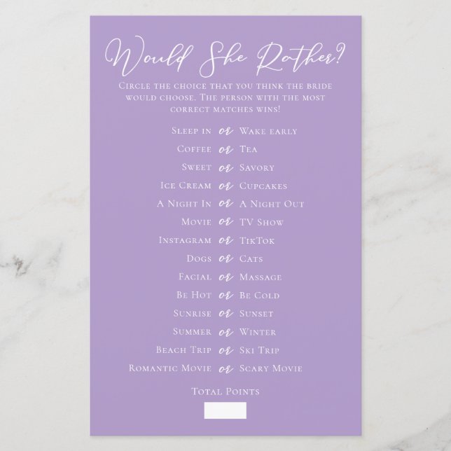 Lilac Purple Would She Rather Bridal Shower Game (Frente)